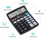 Calculator, Deli Standard Function Desktop Calculators with 12 Digit Large LCD Display and Sensitive Button, Solar Battery Dual Power Office Calculator, Black