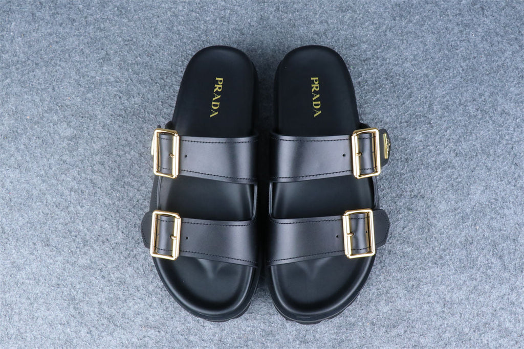 Prada Leather Dual-Buckle Slide Sandals
