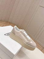 PRADA 26S PLATFORM SNEAKERS 50MM IN CREAM WHITE NYLON AND SUEDE