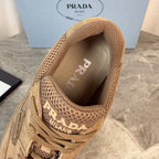 PRADA 26S GEAR SOLE SNEAKERS IN KHAKI BROWN SUEDE AND MESH