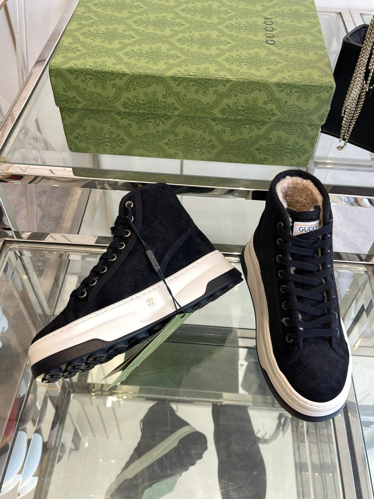 GG HIGH TOP SNEAKER IN BLACK CANVAS WITH BEIGE FLEECE LINING
